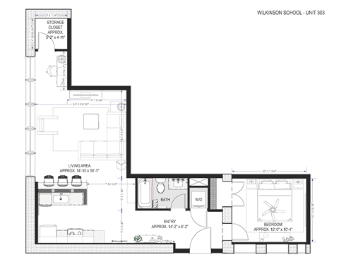 Floor plan for 1 bed, 1 bath, 867 sqft